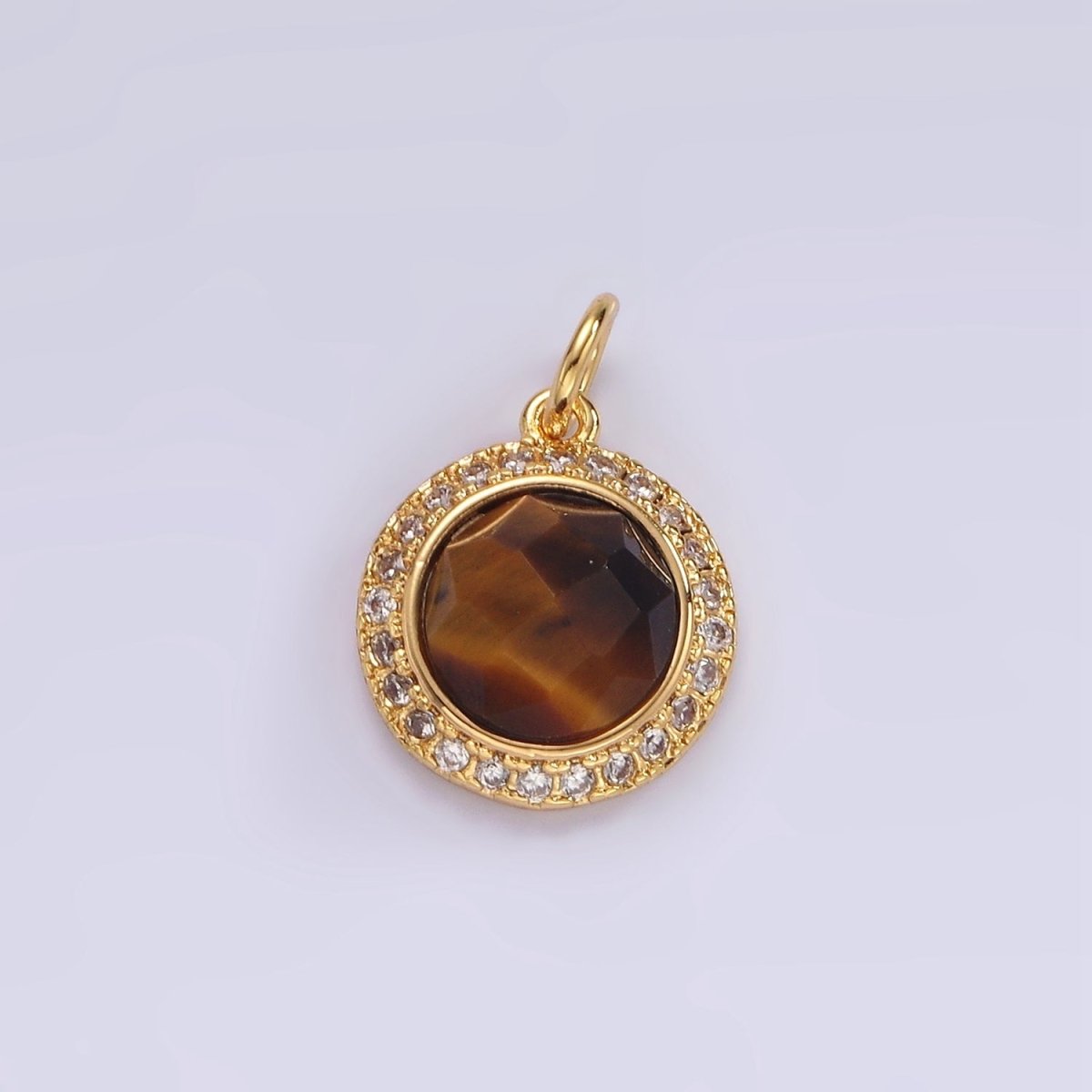 14K Gold Filled 12mm Natural Gemstone Multifaceted Micro Paved CZ Round Charm | AG462 - AG470