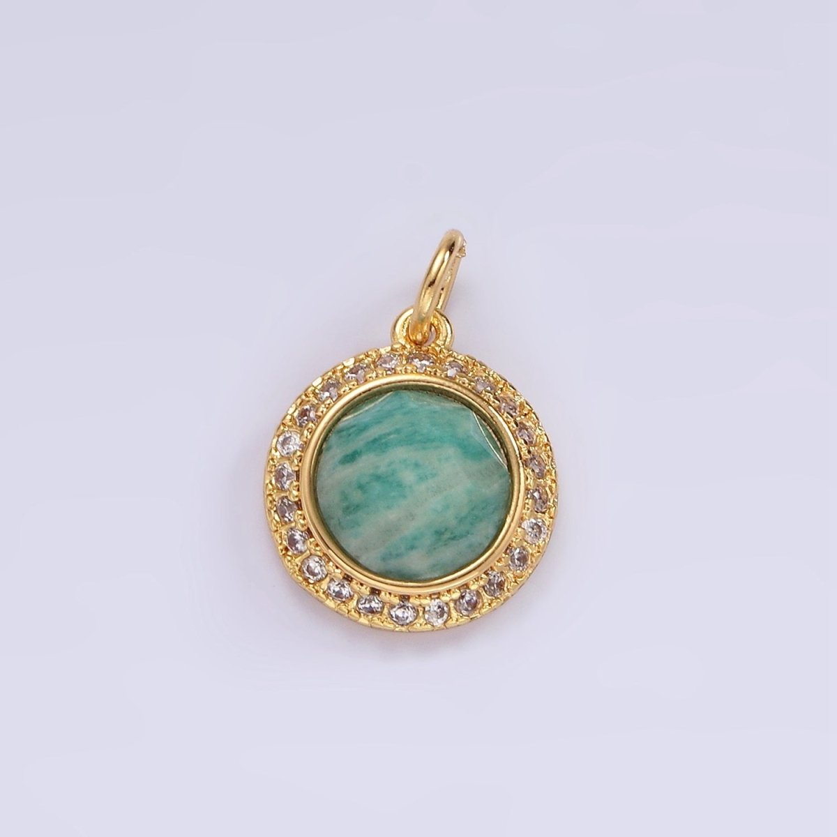14K Gold Filled 12mm Natural Gemstone Multifaceted Micro Paved CZ Round Charm | AG462 - AG470
