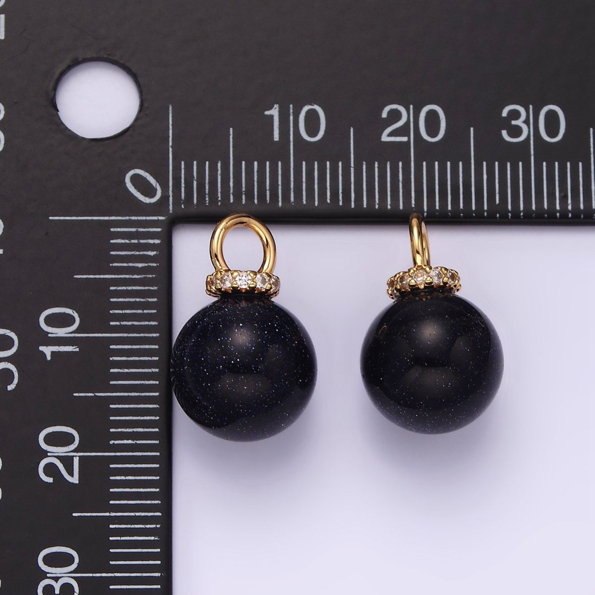 14K Gold Filled 12mm Synthetic Blue Goldstone Round Sphere Ball Micro Paved CZ Pendant | N1020