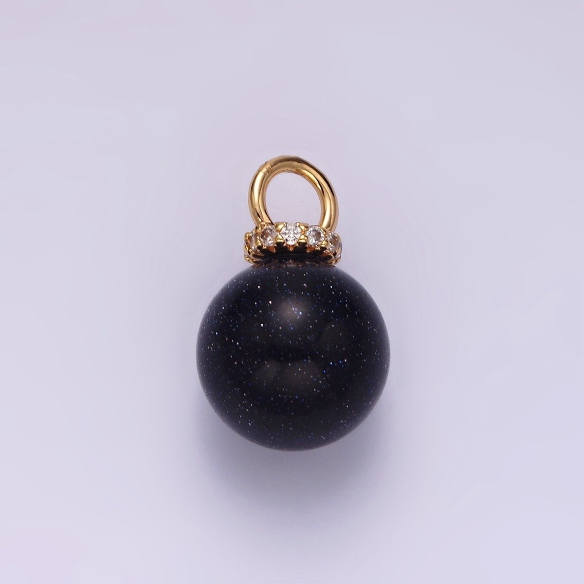 14K Gold Filled 12mm Synthetic Blue Goldstone Round Sphere Ball Micro Paved CZ Pendant | N1020