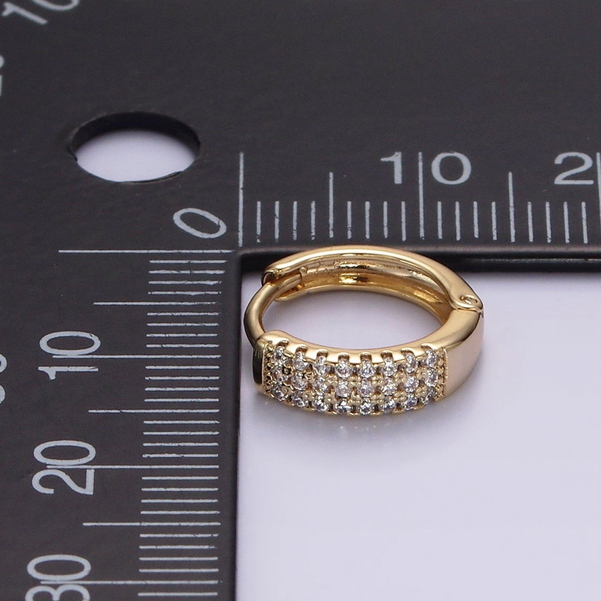 14K Gold Filled 13mm Clear CZ Triple Lined Micro Paved Huggie Earrings | V044