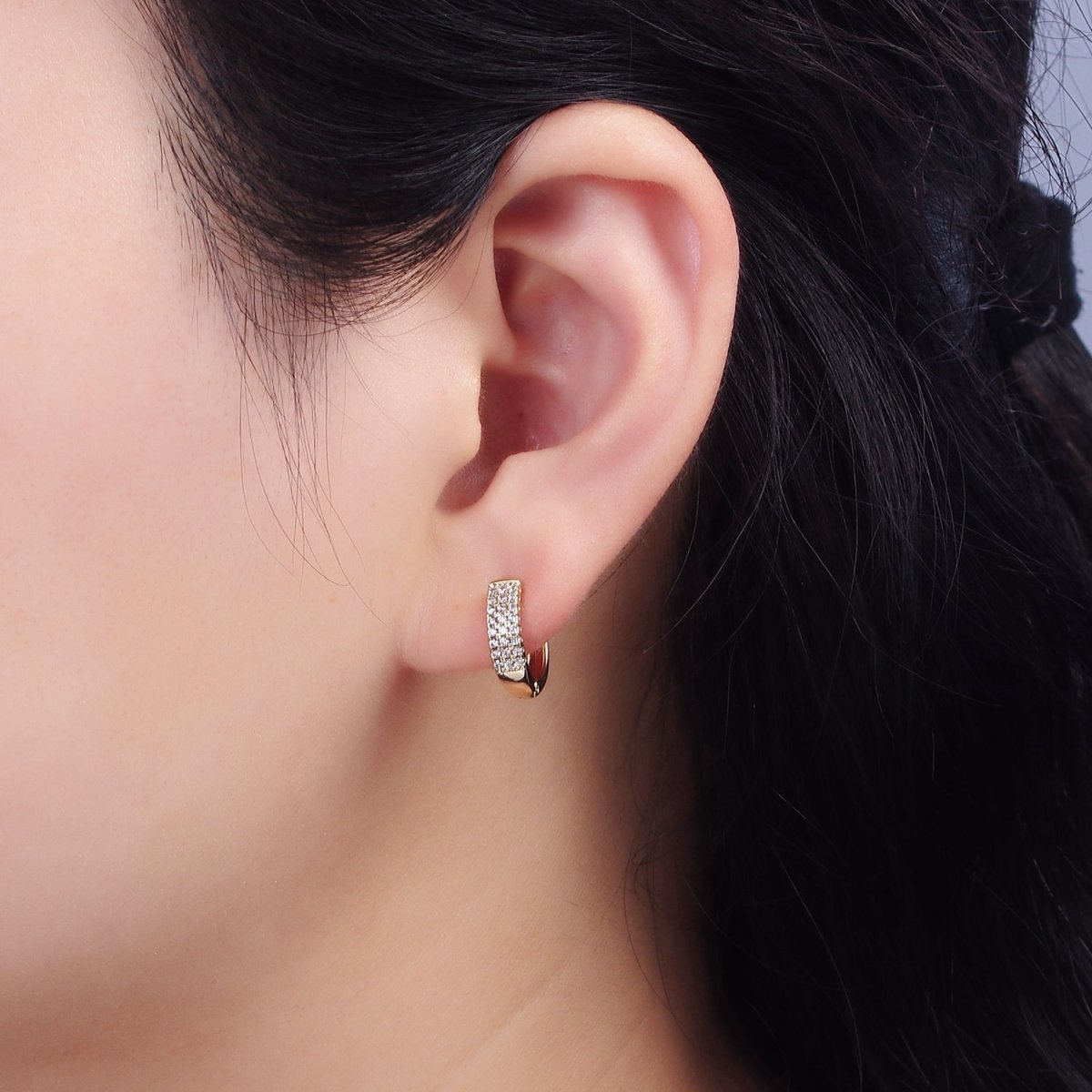 14K Gold Filled 13mm Clear CZ Triple Lined Micro Paved Huggie Earrings | V044