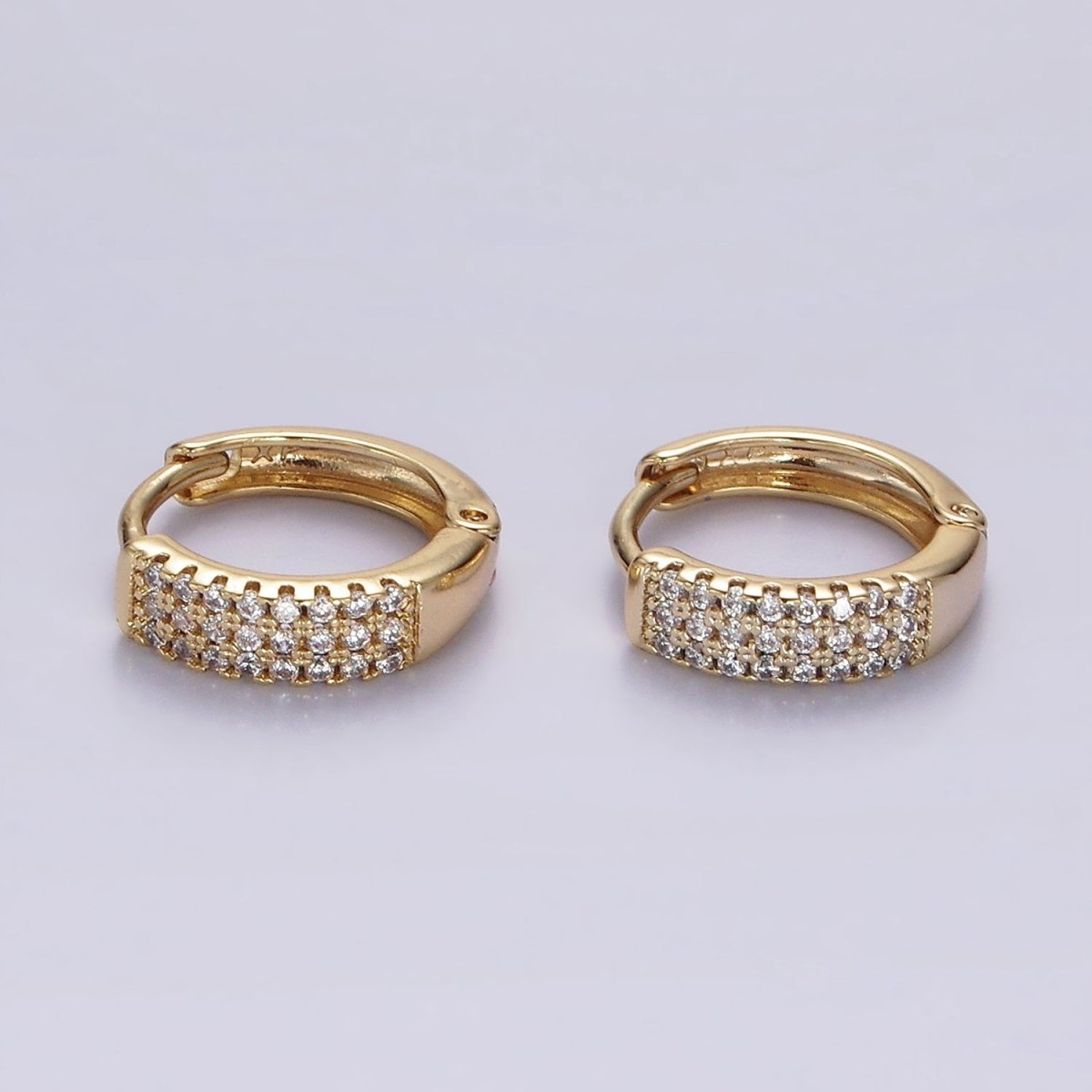 14K Gold Filled 13mm Clear CZ Triple Lined Micro Paved Huggie Earrings | V044