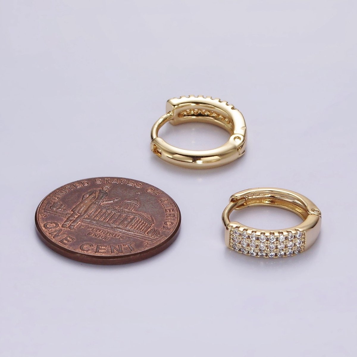 14K Gold Filled 13mm Clear CZ Triple Lined Micro Paved Huggie Earrings | V044