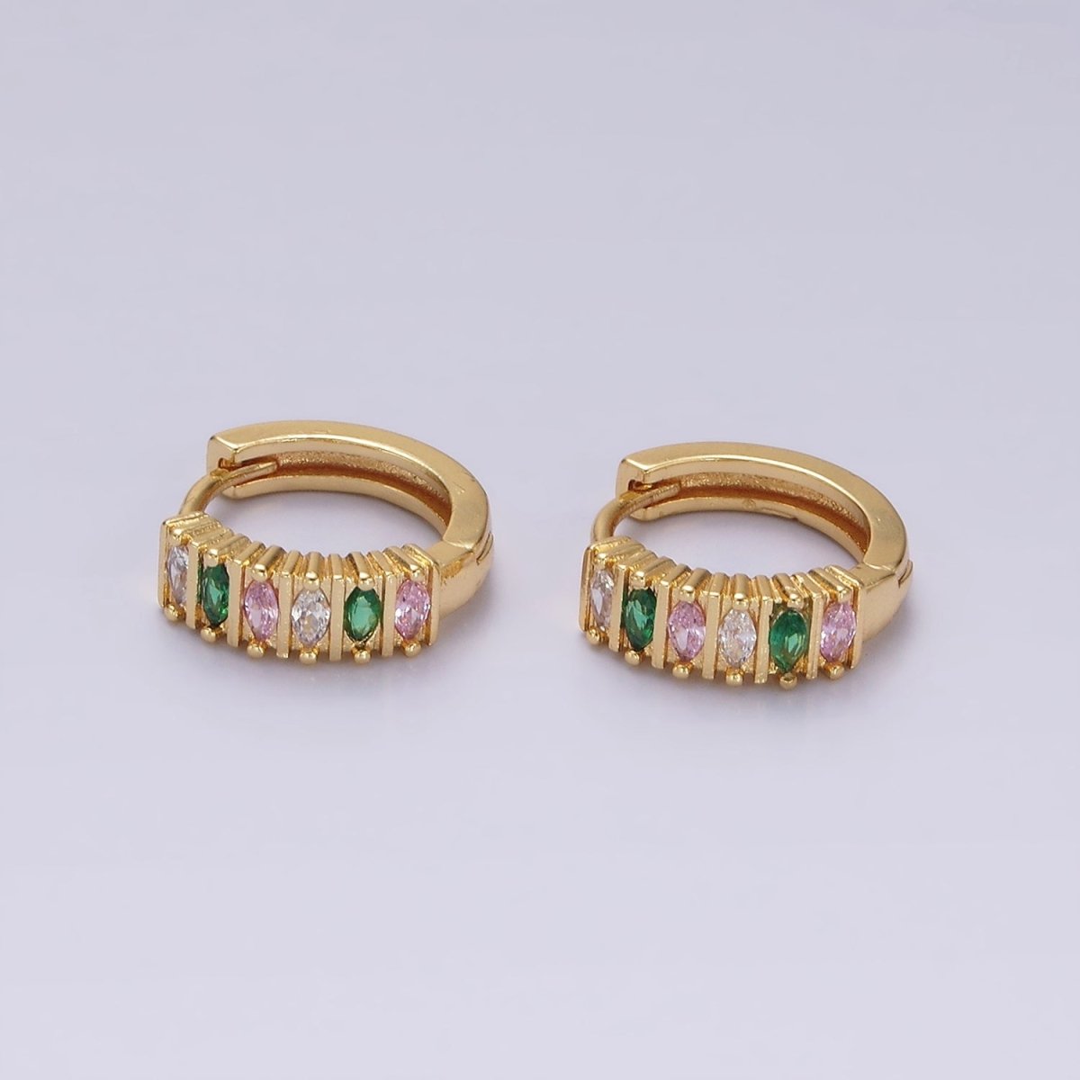 14K Gold Filled 13mm Multicolor Marquise CZ Lined Huggie Earrings | V086