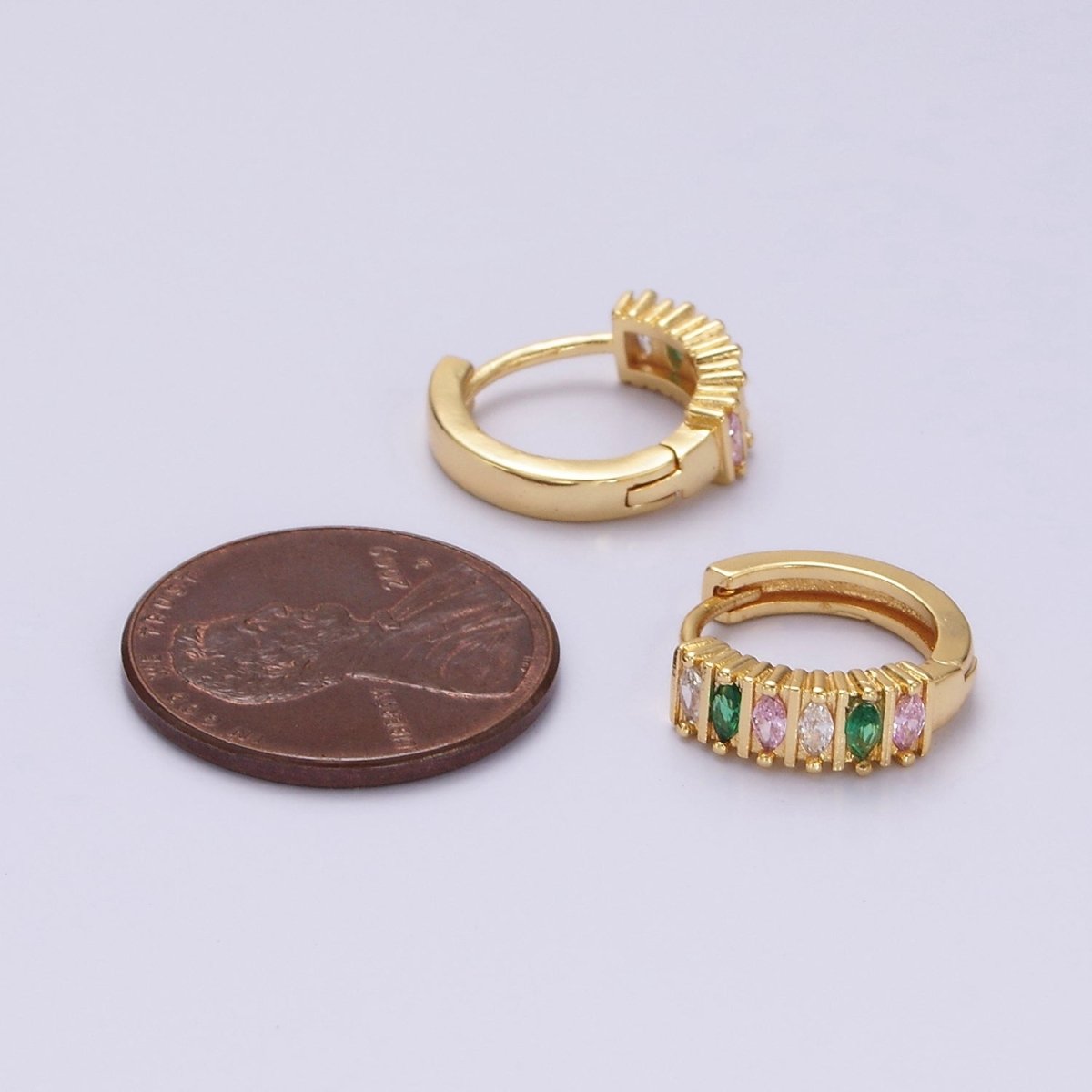 14K Gold Filled 13mm Multicolor Marquise CZ Lined Huggie Earrings | V086