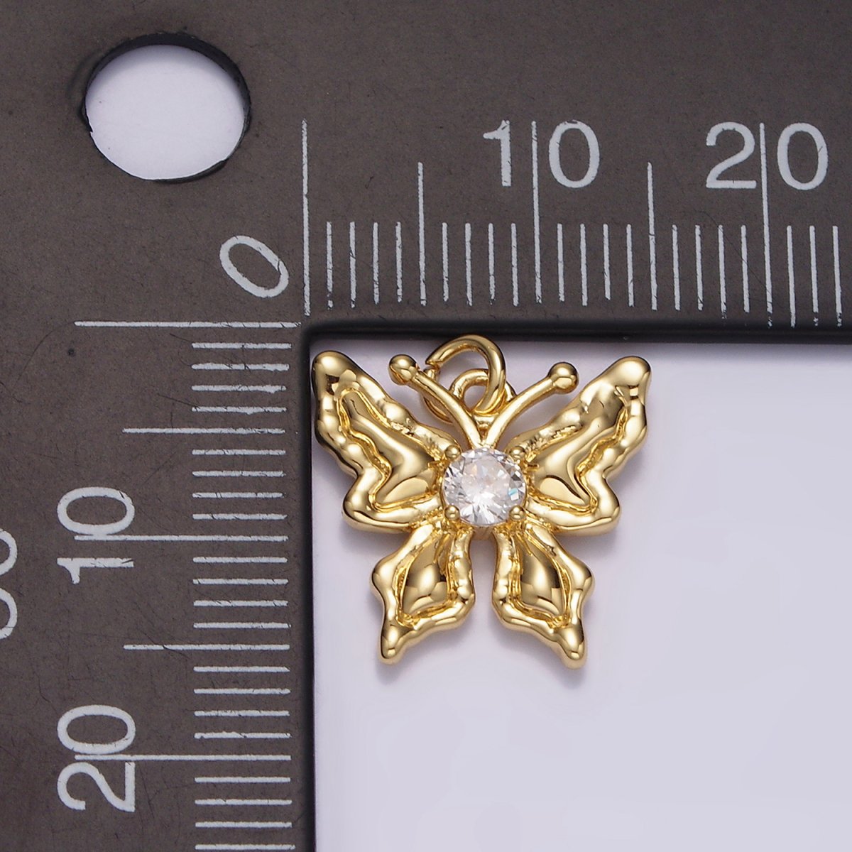 14K Gold Filled 14mm Clear Round CZ Hammered Antenna Butterfly Charm | N1494