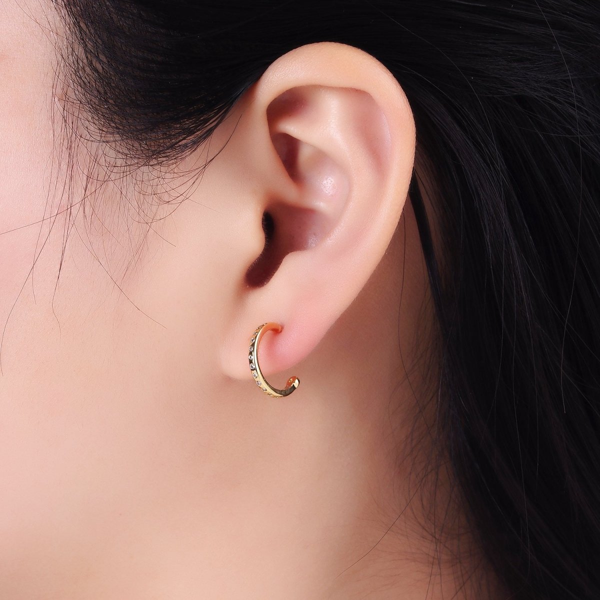 14K Gold Filled 14mm CZ Dotted C-Shaped Hoop Earrings | AB1345