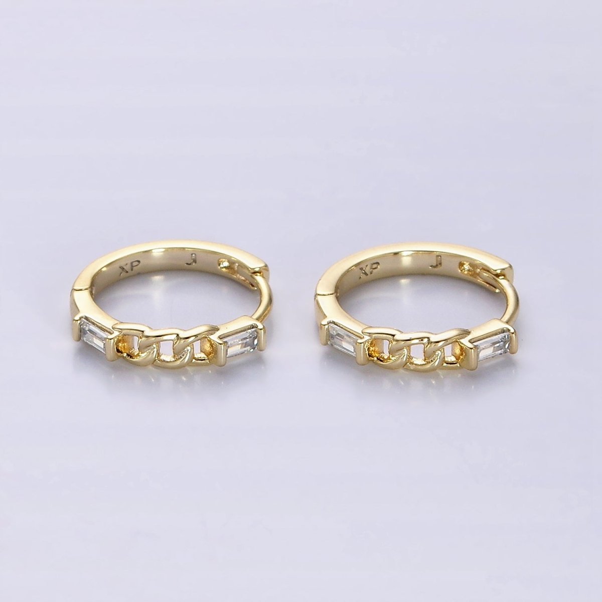 14K Gold Filled 14mm Double Baguette Curb Link Huggie Earrings | AE588