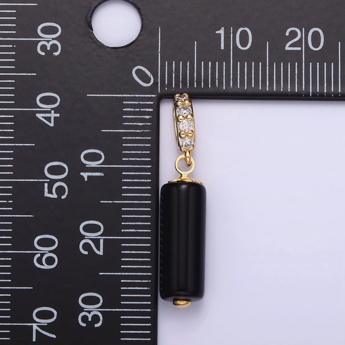 14K Gold Filled 15mm Black Onyx Gemstone Tube Clear Micro Paved CZ Bail Pendant | N1866