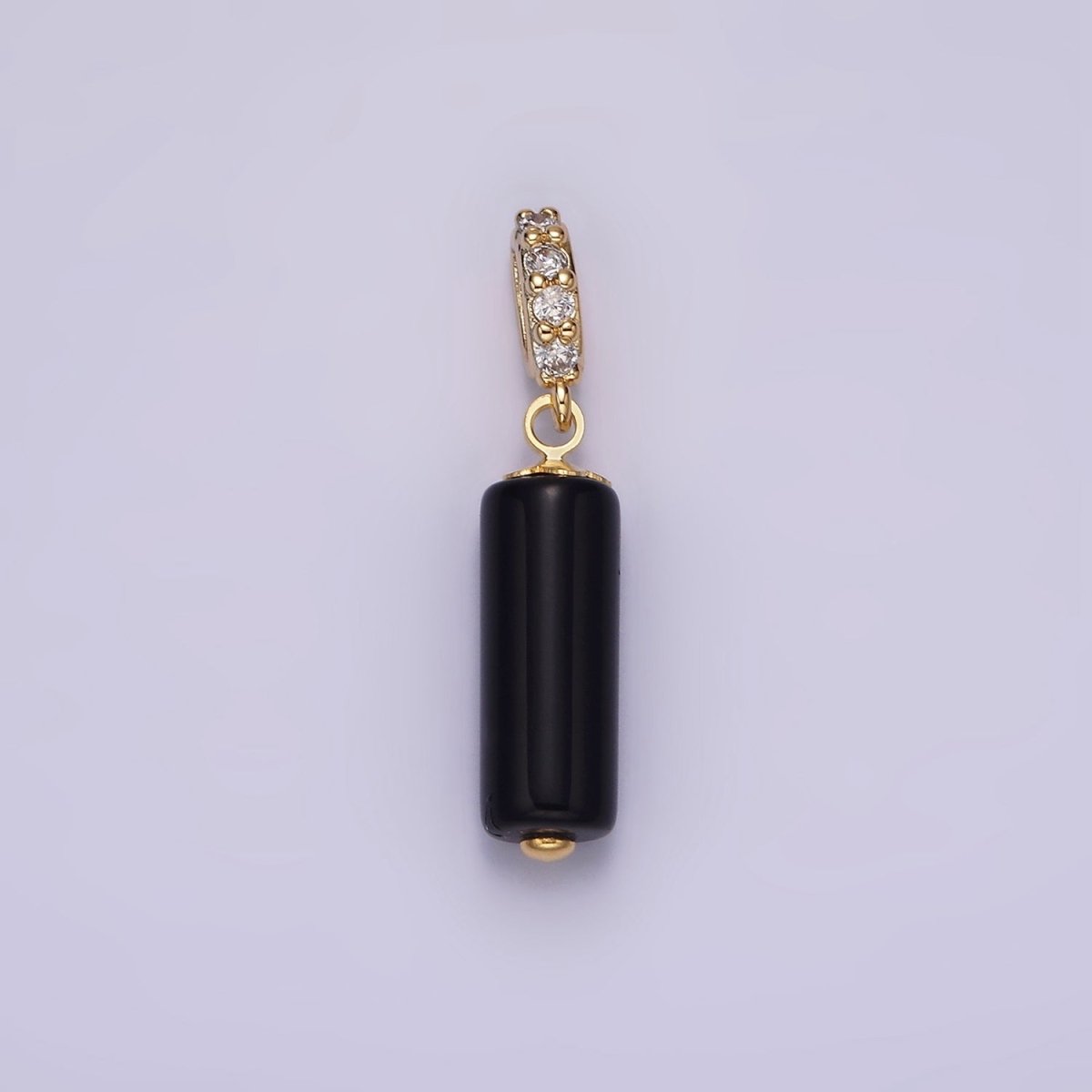 14K Gold Filled 15mm Black Onyx Gemstone Tube Clear Micro Paved CZ Bail Pendant | N1866