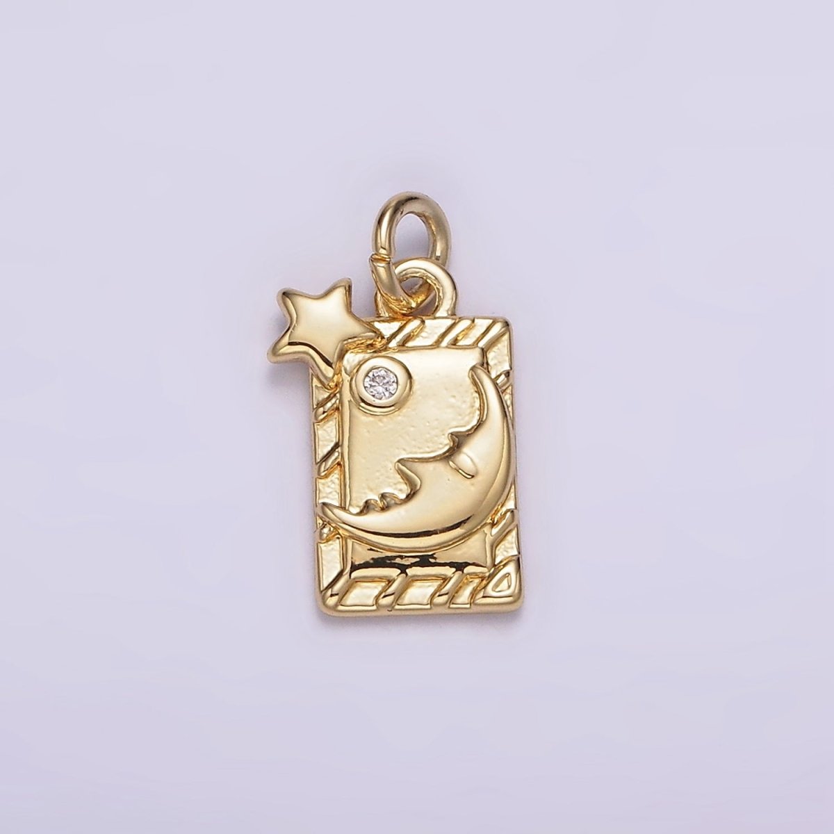 14K Gold Filled 15mm Celestial Star Crescent Moon Face Bar CZ Tag Charm | AG598