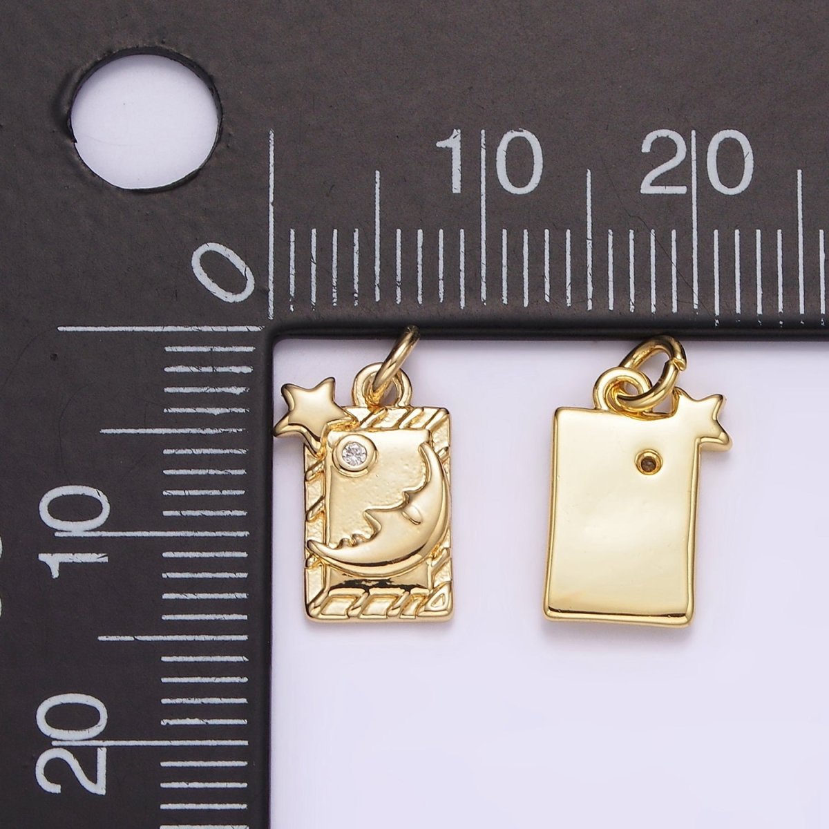 14K Gold Filled 15mm Celestial Star Crescent Moon Face Bar CZ Tag Charm | AG598