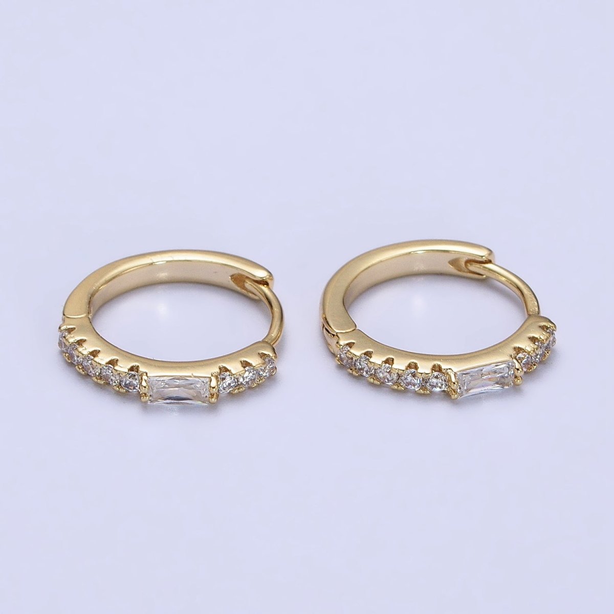 OS 14K Gold Filled 15mm Clear Baguette Micro Paved CZ Huggie Earrings | AB414