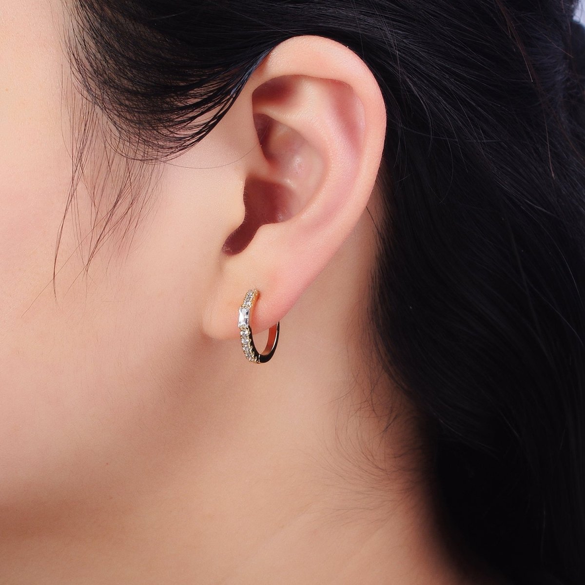 OS 14K Gold Filled 15mm Clear Baguette Micro Paved CZ Huggie Earrings | AB414
