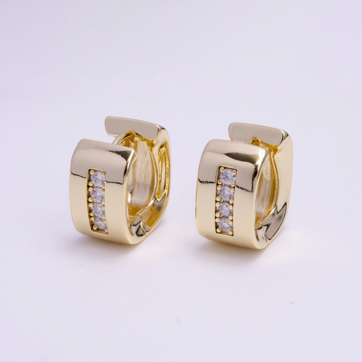 14K Gold Filled 15mm Clear CZ Lined Curve-Edged Wide Square Huggie Hoop Earrings | AD-459