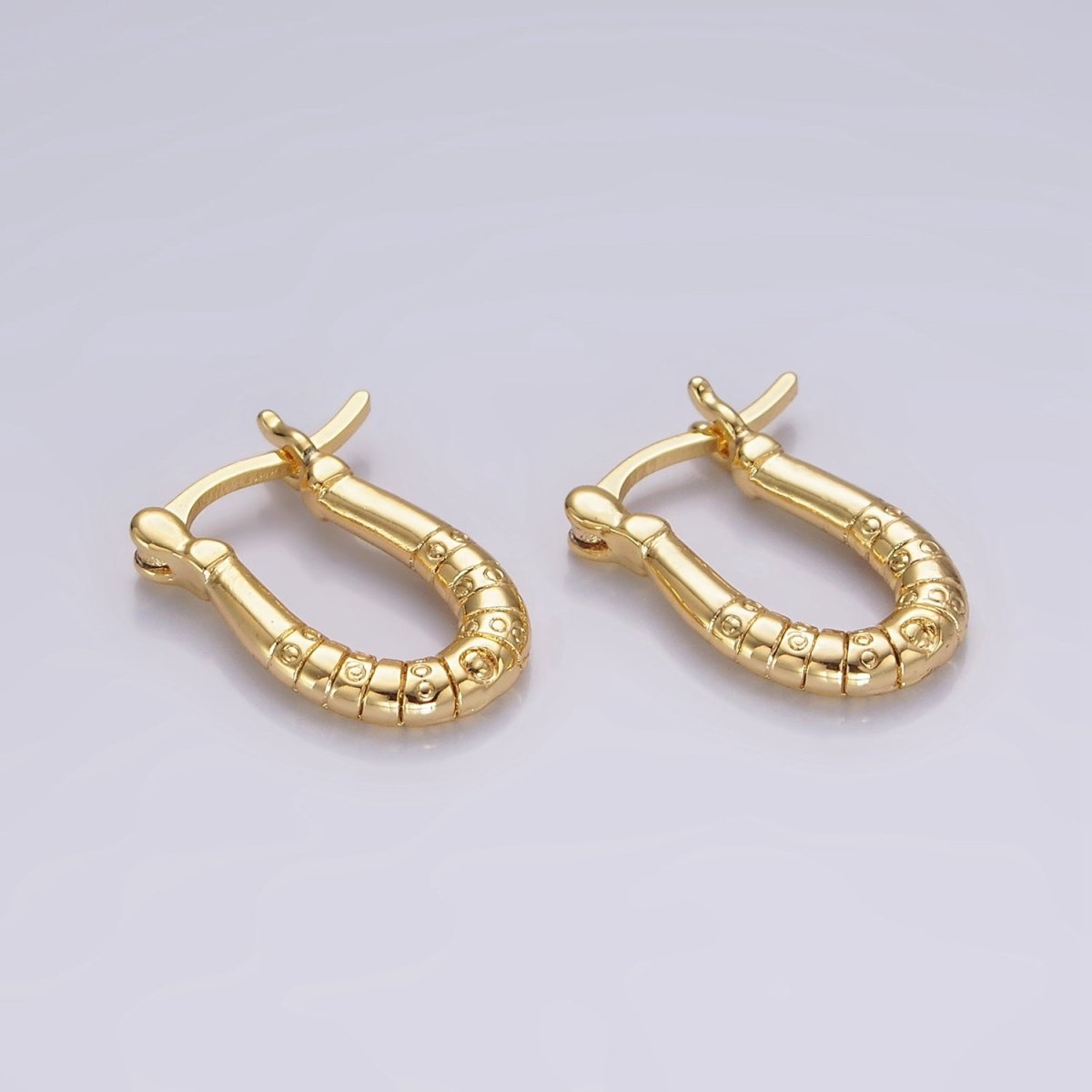 14K Gold Filled 15mm Dotted Lined U-Shaped French Lock Latch Hoop Earrings | AE962
