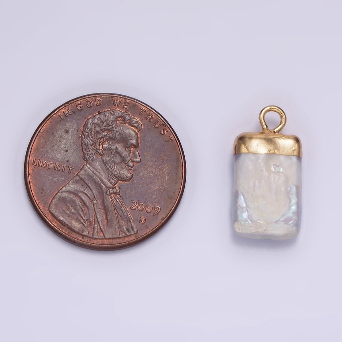 14K Gold Filled 15mm White Freshwater Pearl Rectangular Biwa Dipped Charm | P1619