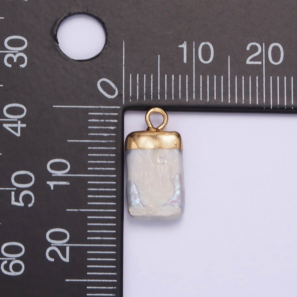 14K Gold Filled 15mm White Freshwater Pearl Rectangular Biwa Dipped Charm | P1619