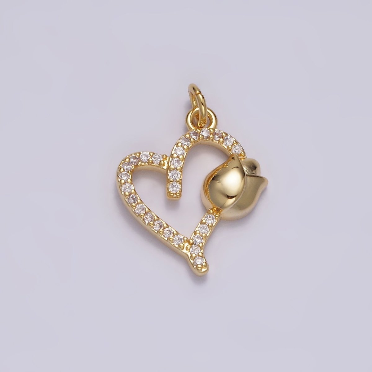 14K Gold Filled 16mm Tulip Flower Open Micro Paved CZ Heart Charm | N1492