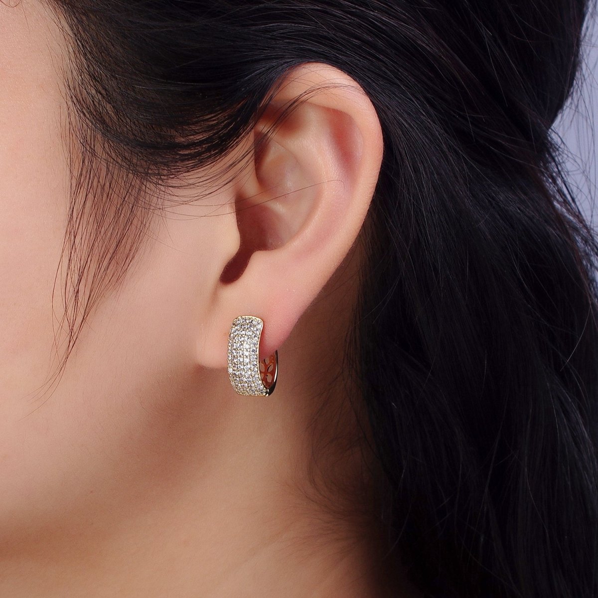 14K Gold Filled 17mm Clear Micro Paved CZ Rounded English Lock Earrings | AB323