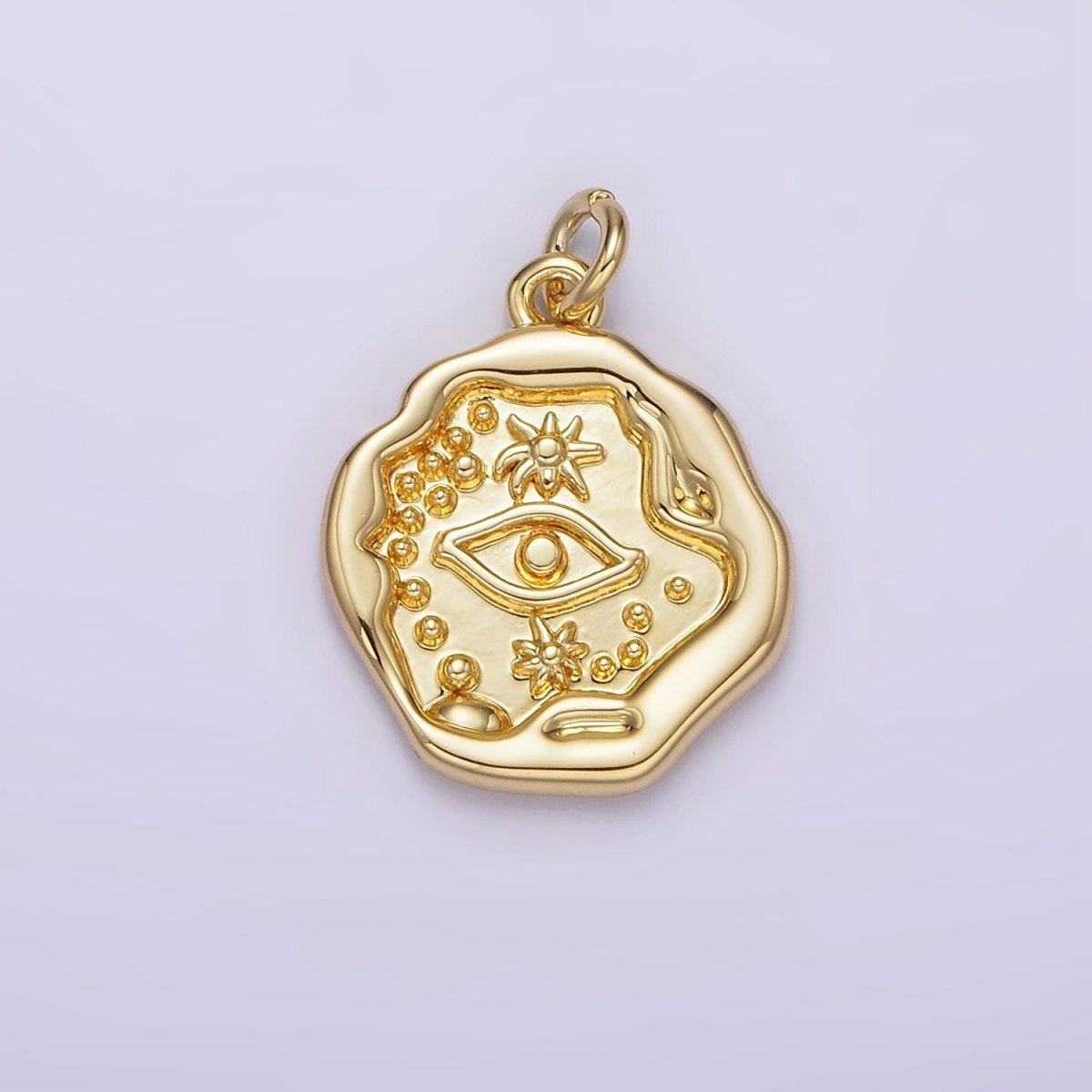 14K Gold Filled 17mm Evil Eye Celestial Sun Dotted Stamped Abstract Round Charm | AG213