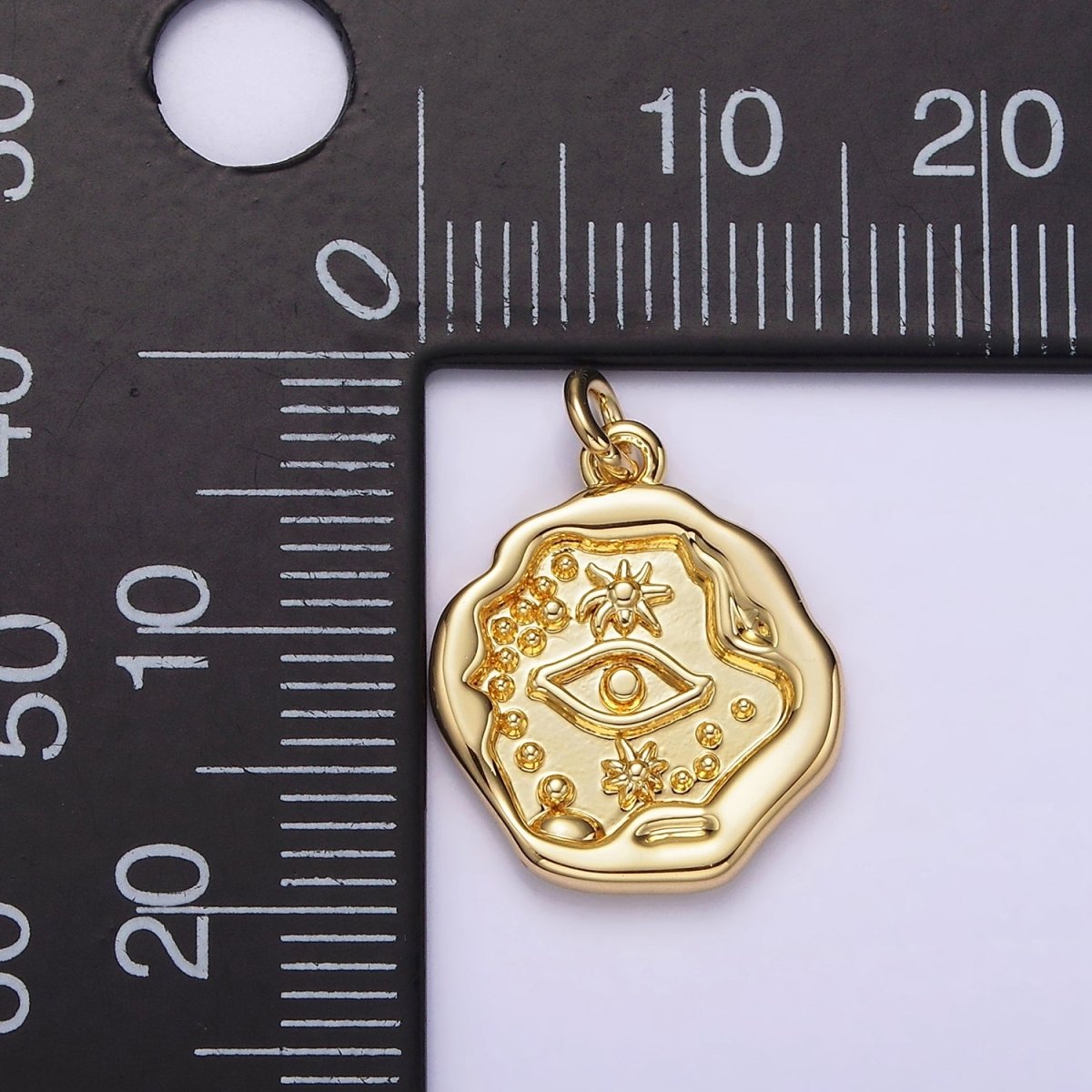 14K Gold Filled 17mm Evil Eye Celestial Sun Dotted Stamped Abstract Round Charm | AG213