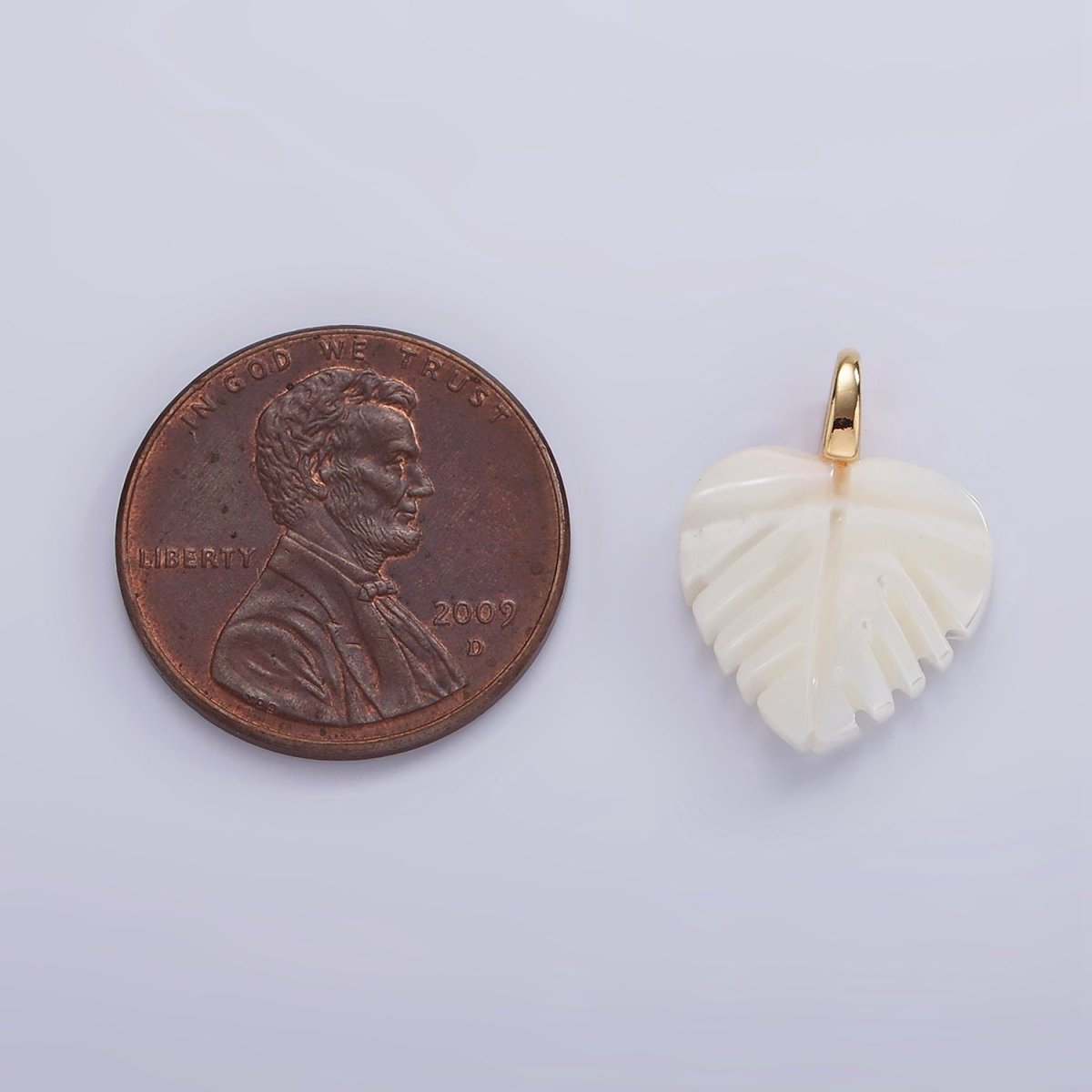 14K Gold Filled 17mm Shell Pearl Heart Nature Monstera Leaf Pendant | P1640