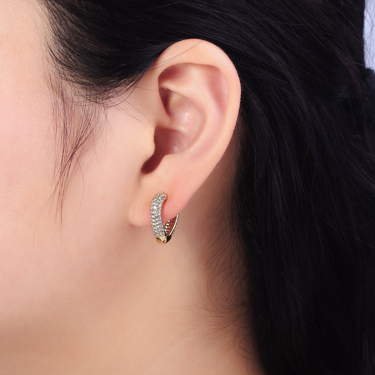 14K Gold Filled 17mm Triangle Micro Paved CZ Huggie Hoop Earrings | AD1445