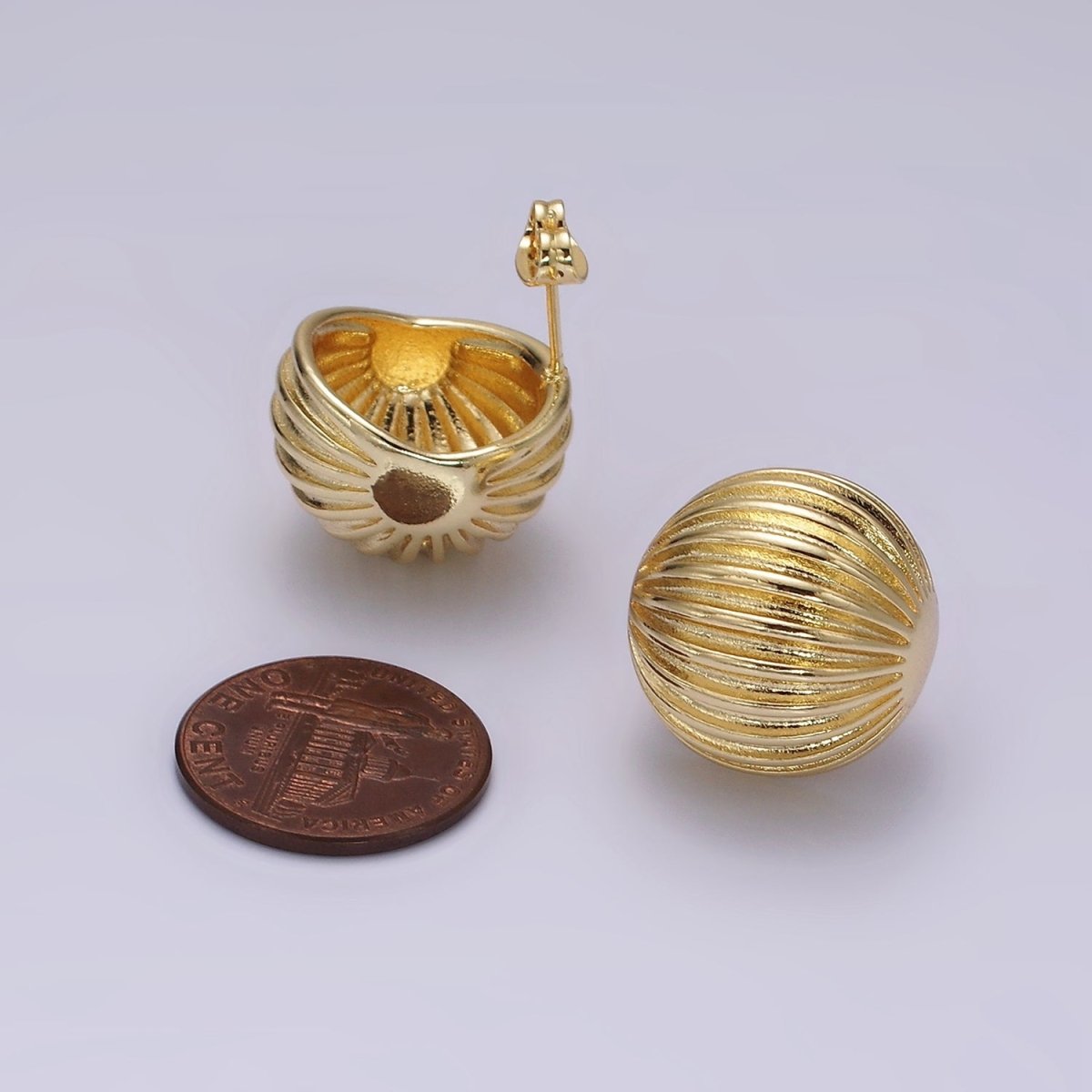 14K Gold Filled 18.5mm Line-Textured Round Dome Stud Earrings | V459
