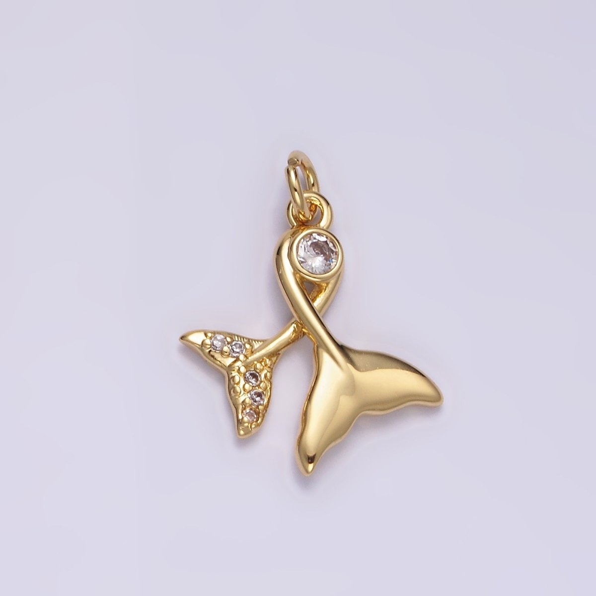 14K Gold Filled 18mm Clear CZ Double Mermaid Ocean Micro Paved Tail Charm | N1488