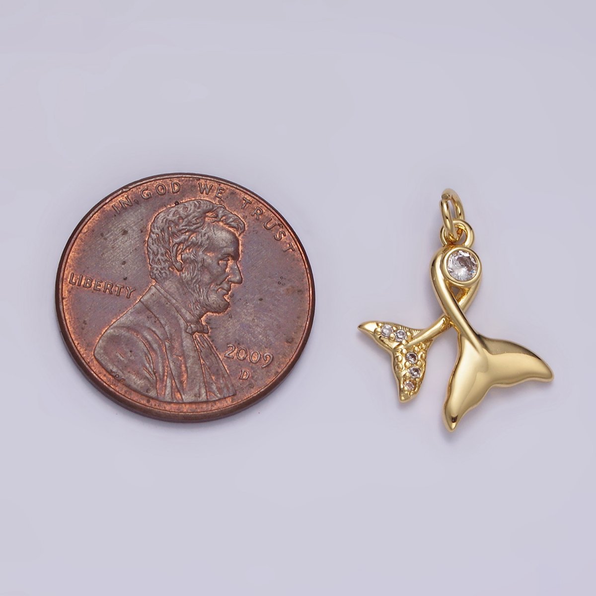 14K Gold Filled 18mm Clear CZ Double Mermaid Ocean Micro Paved Tail Charm | N1488