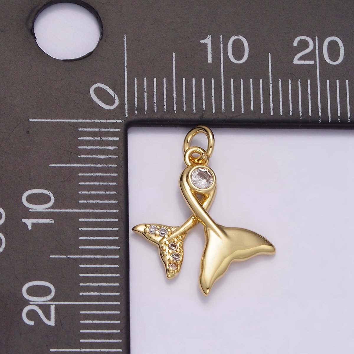 14K Gold Filled 18mm Clear CZ Double Mermaid Ocean Micro Paved Tail Charm | N1488