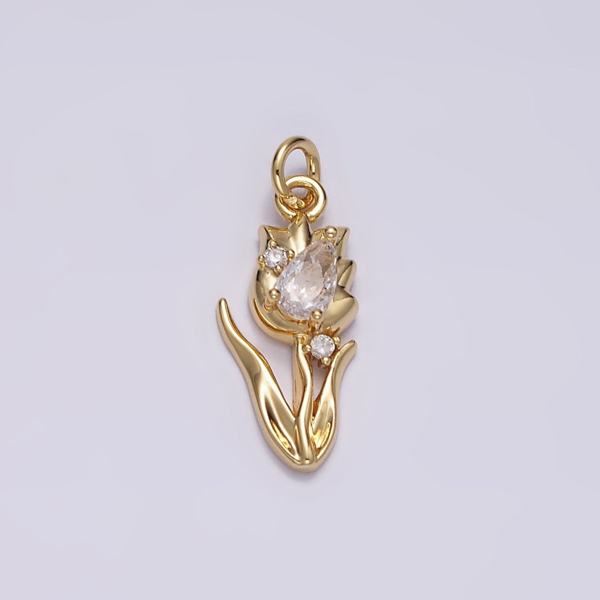 14K Gold Filled 19.5mm Clear Teardrop CZ Rose Tulip Flower Charm | N1493