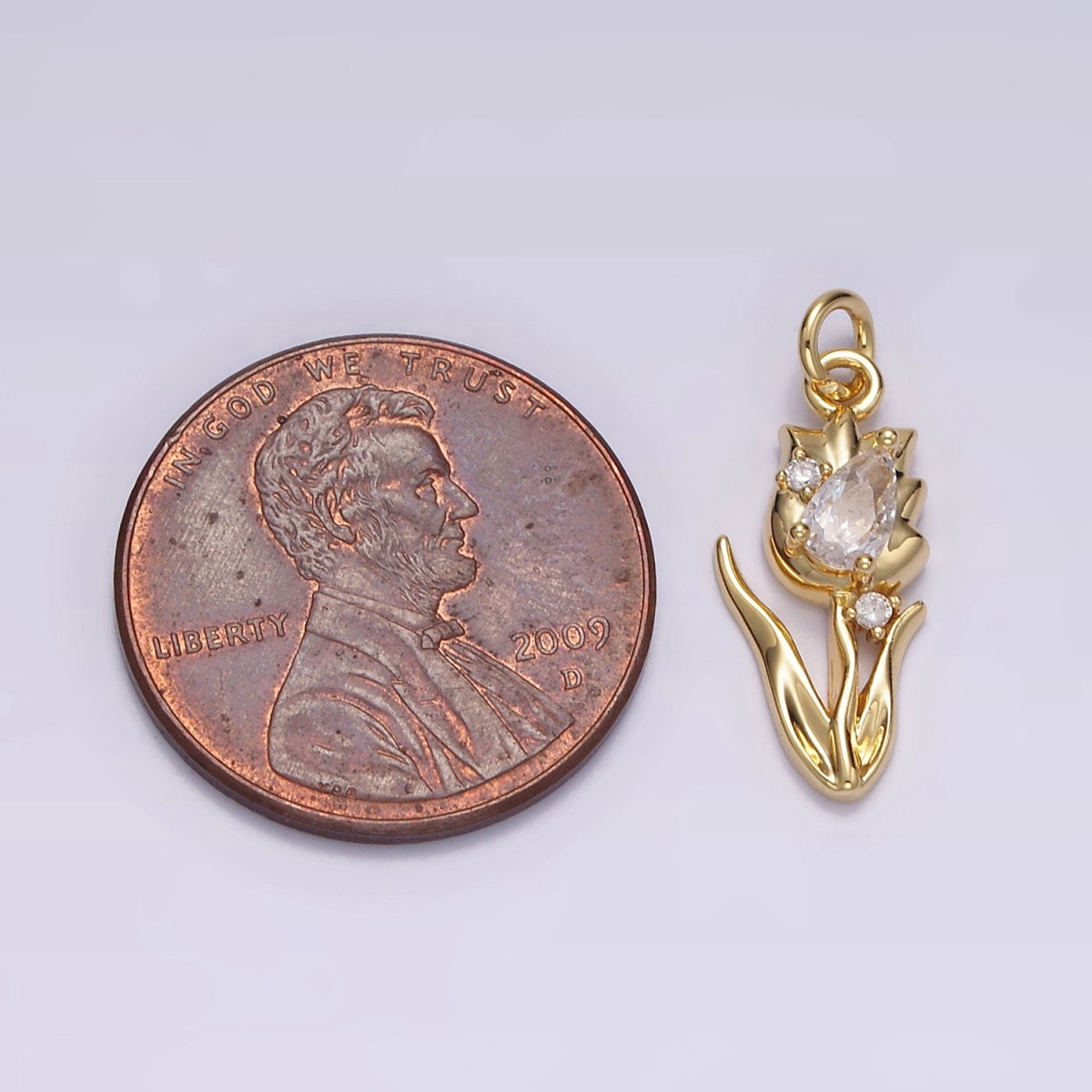 14K Gold Filled 19.5mm Clear Teardrop CZ Rose Tulip Flower Charm | N1493