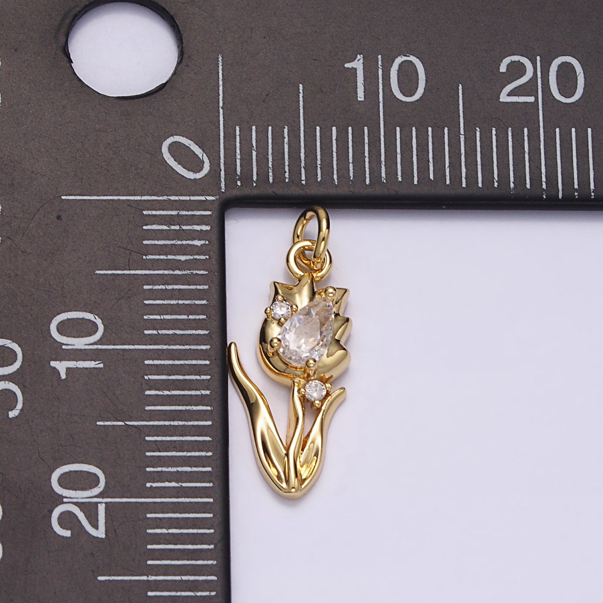14K Gold Filled 19.5mm Clear Teardrop CZ Rose Tulip Flower Charm | N1493