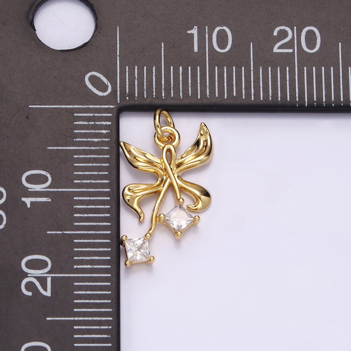 14K Gold Filled 19mm Butterfly Ribbon Double Clear CZ Rhombus Charm | N1487