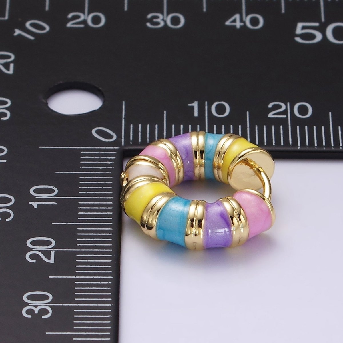 14K Gold Filled 19mm Multicolor Enamel Double Lined Chubby Huggie Earrings | V055