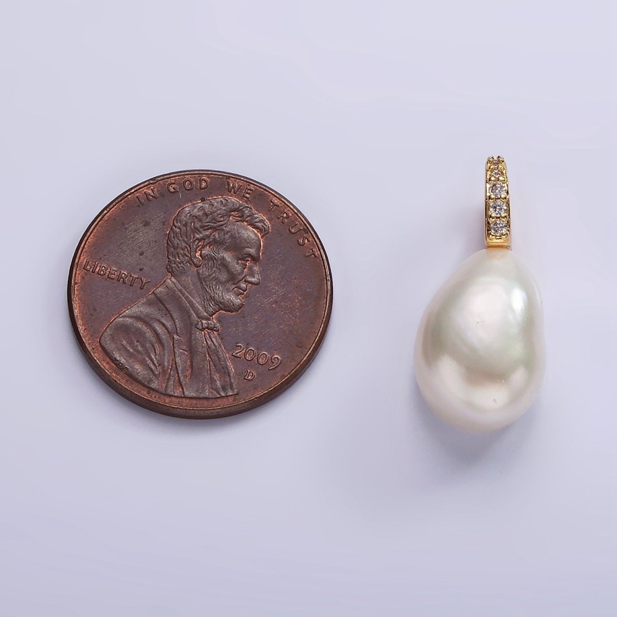 14K Gold Filled 19mm White Freshwater Pearl Button Drop Micro Paved CZ Pendant | P1641