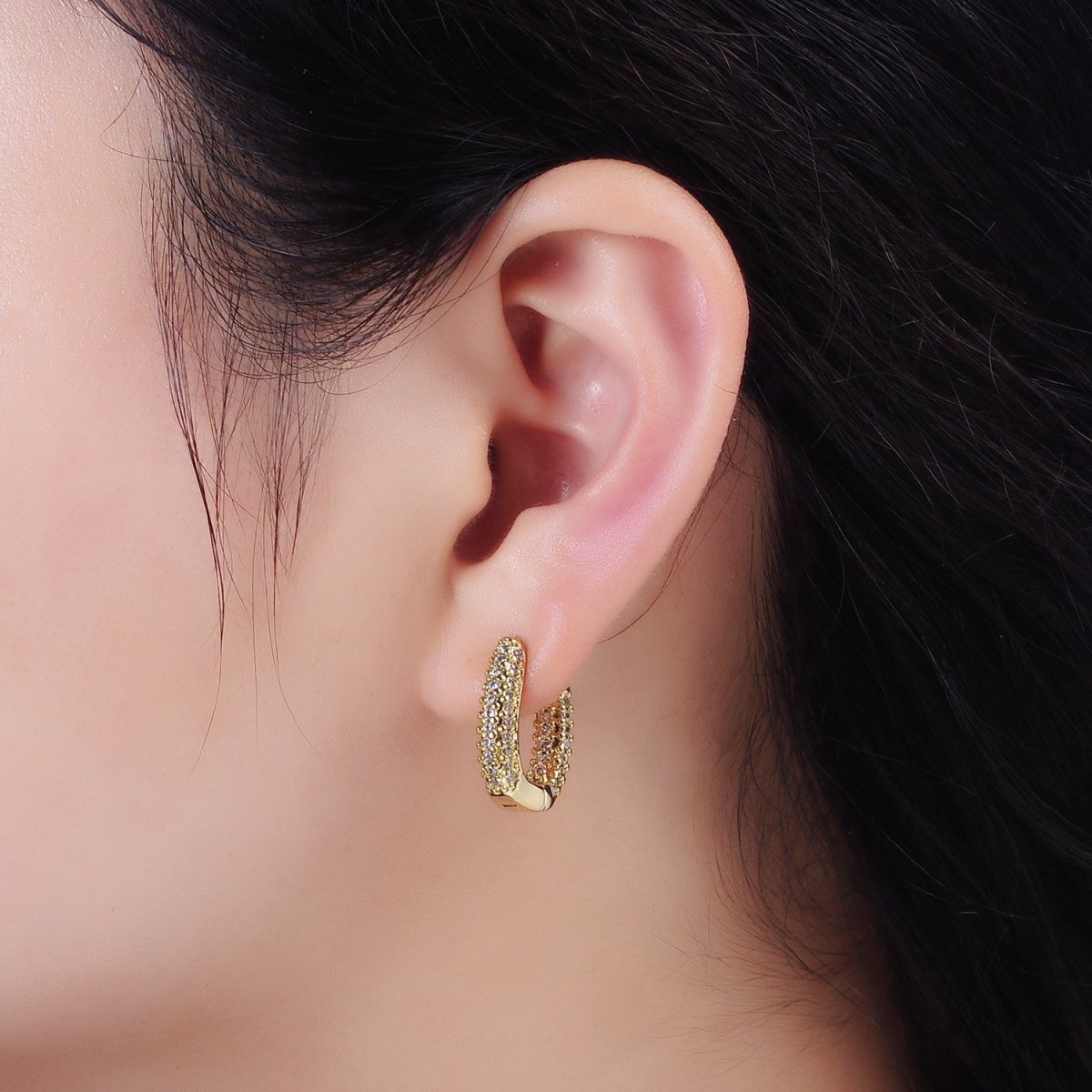 14K Gold Filled 20mm Clear Micro Paved CZ Oval Oblong Huggie Earrings | AE906