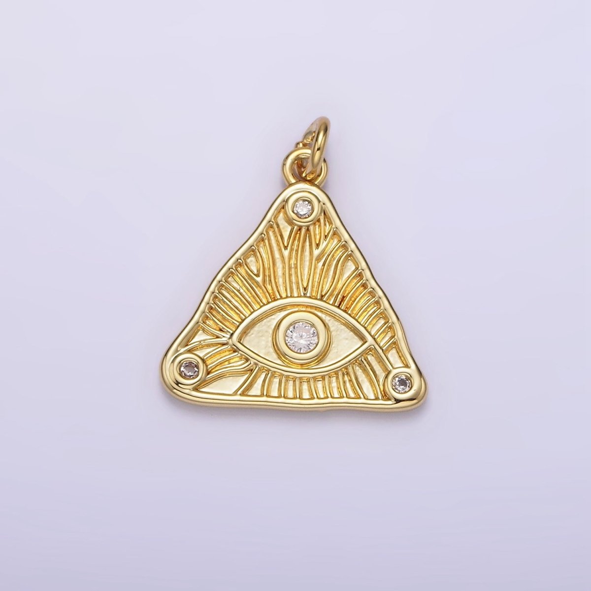 14K Gold Filled 20mm Clear, Multicolor Triple CZ Evil Eye Line-Textured Triangle Charm | AG301 AG302