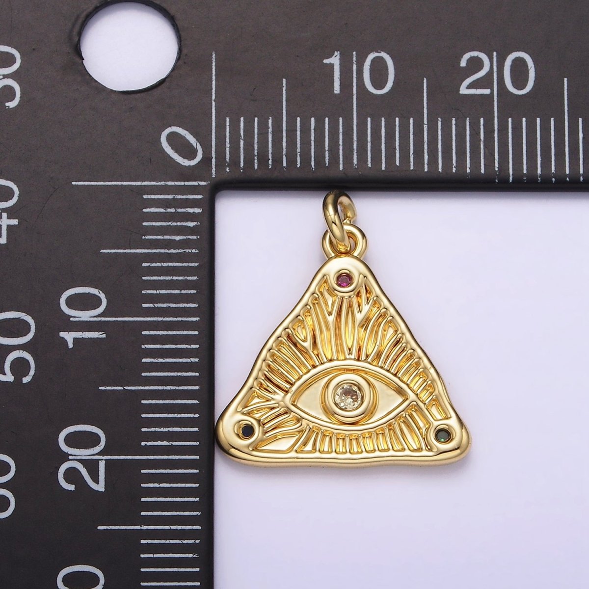 14K Gold Filled 20mm Clear, Multicolor Triple CZ Evil Eye Line-Textured Triangle Charm | AG301 AG302