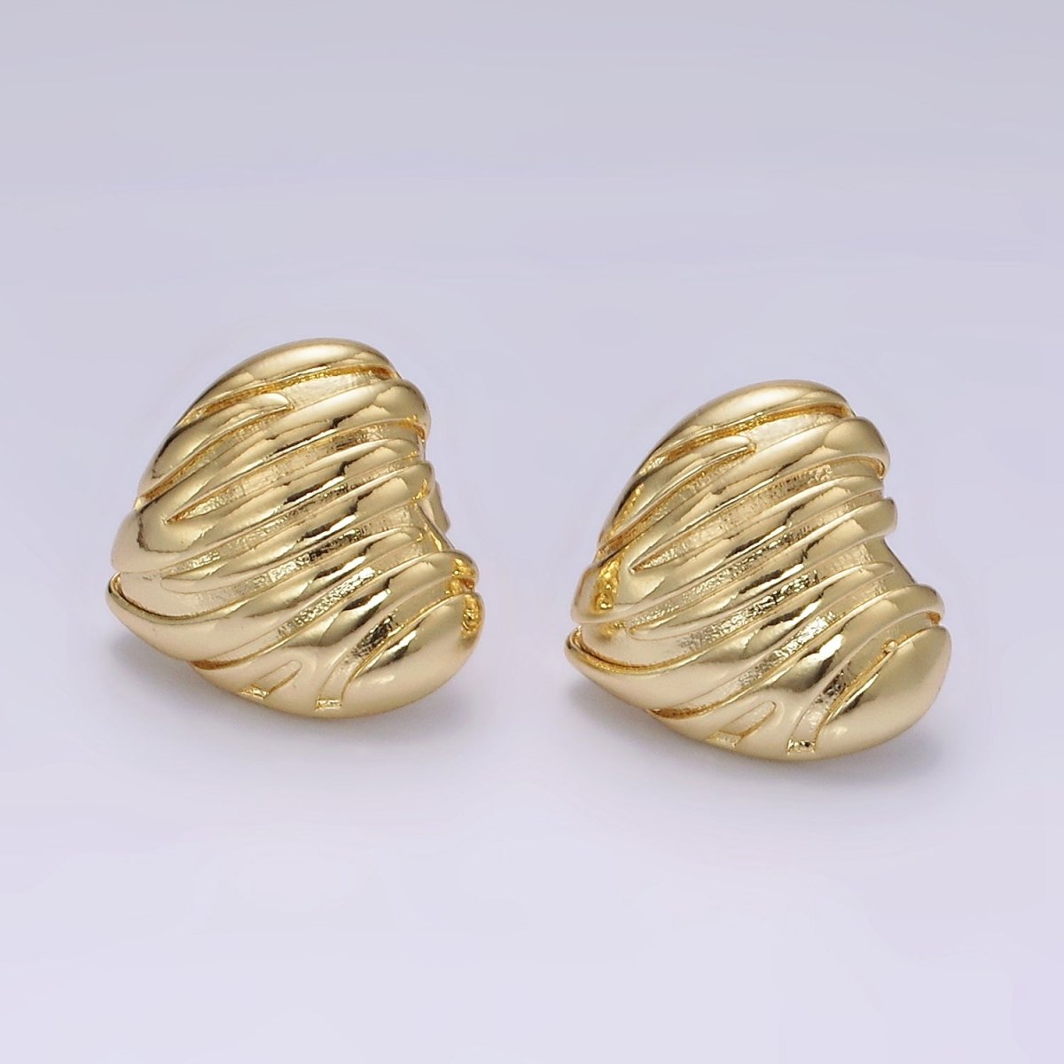 14K Gold Filled 20mm Curved Lined Textured Heart Stud Earrings | V456