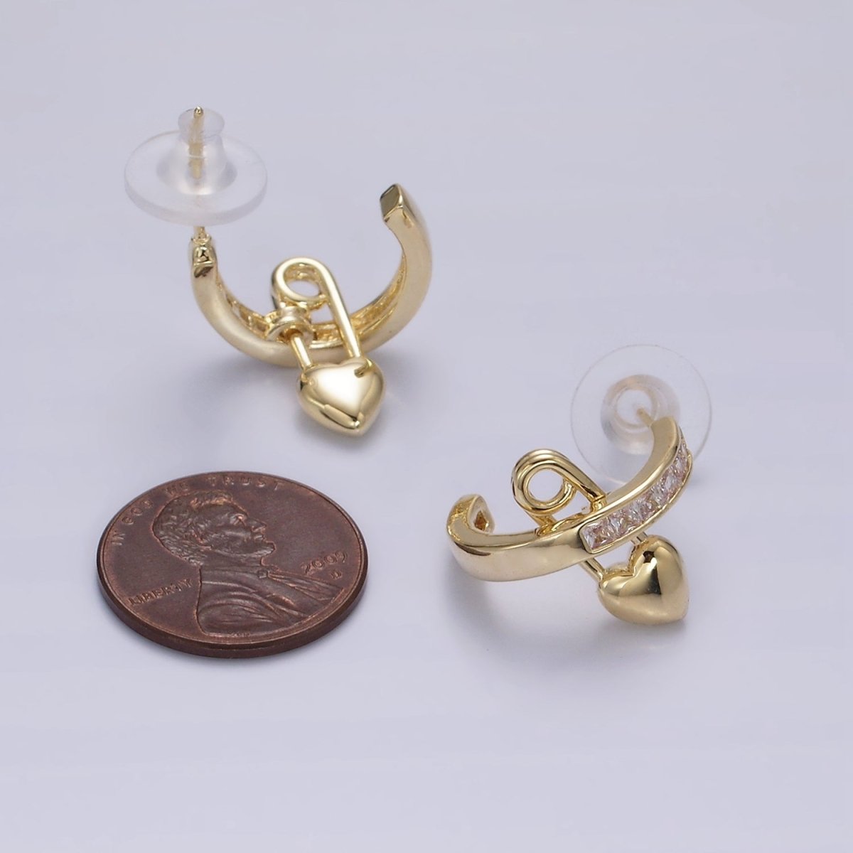 14K Gold Filled 20mm CZ Heart Safety Pin C-Shaped Hoop Earrings in Gold & Silver | V290 V291