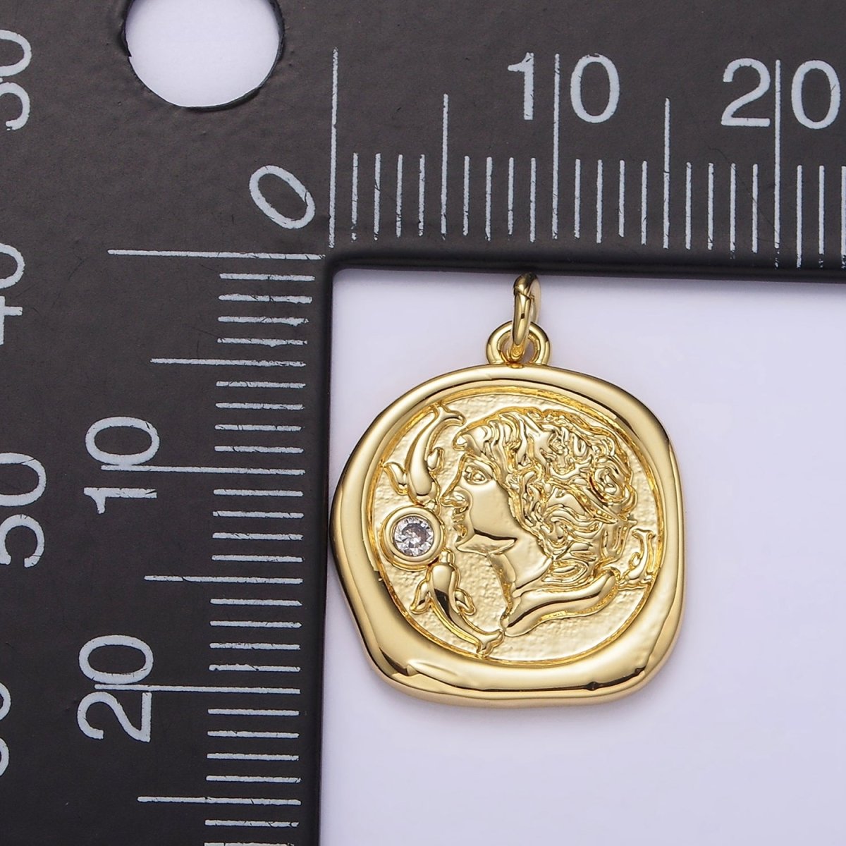 14K Gold Filled 20mm Double Fish Clear CZ Portrait Cameo Stamped Round Charm | AG306
