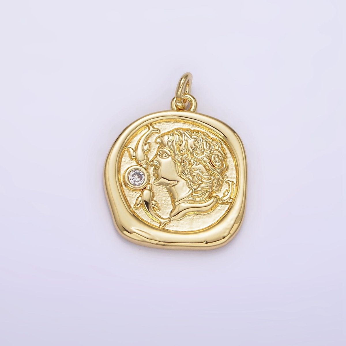 14K Gold Filled 20mm Double Fish Clear CZ Portrait Cameo Stamped Round Charm | AG306