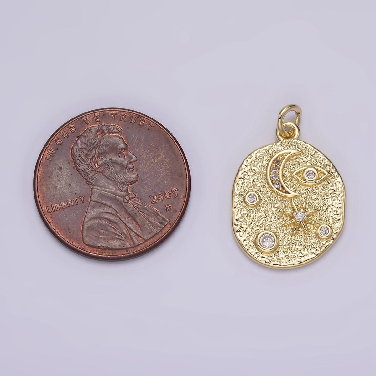 14K Gold Filled 20mm Evil Eye Celestial Crescent Moon Star Hammered Oval Charm | AG-211