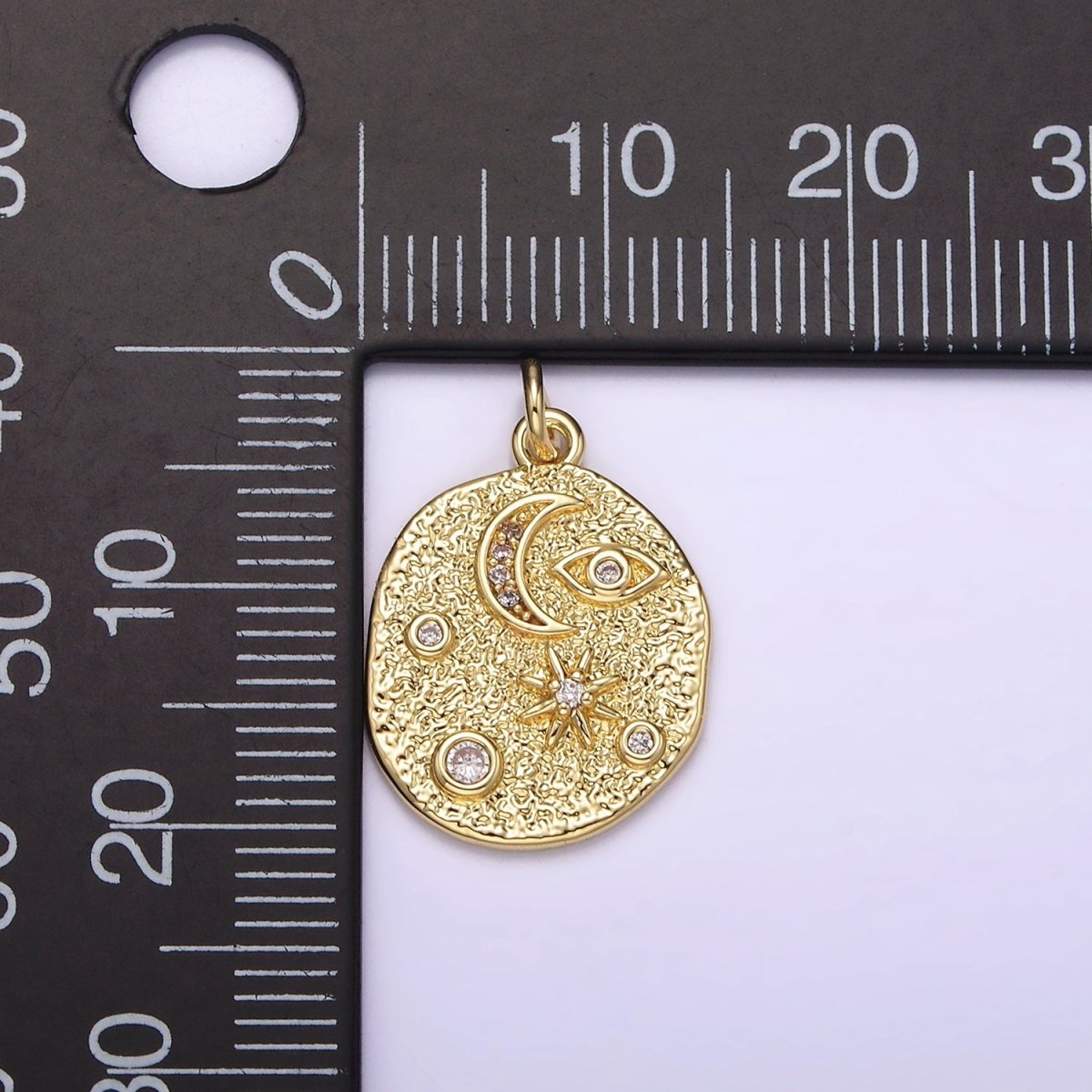 14K Gold Filled 20mm Evil Eye Celestial Crescent Moon Star Hammered Oval Charm | AG-211