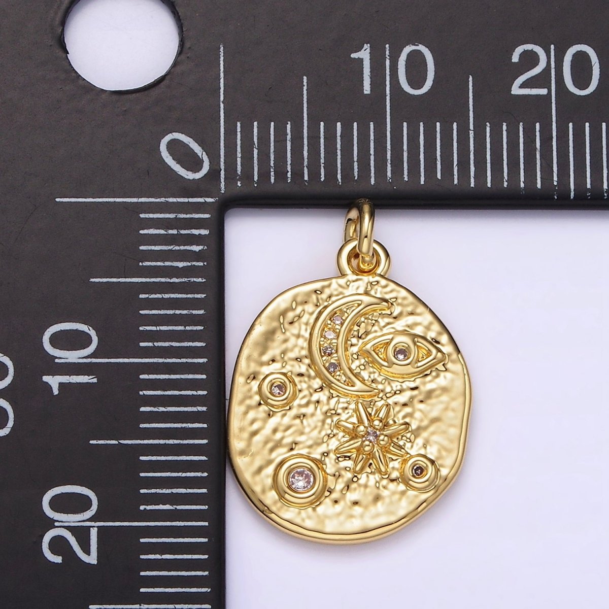 OS 14K Gold Filled 20mm Evil Eye Celestial Crescent Moon Star Textured Oval Charm | AG285