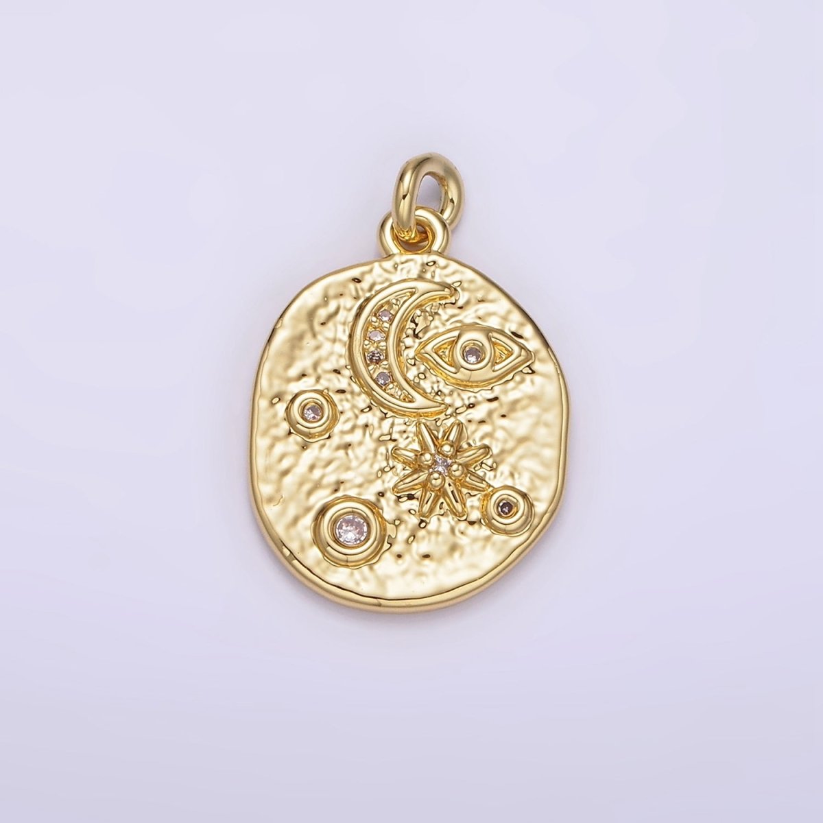 OS 14K Gold Filled 20mm Evil Eye Celestial Crescent Moon Star Textured Oval Charm | AG285